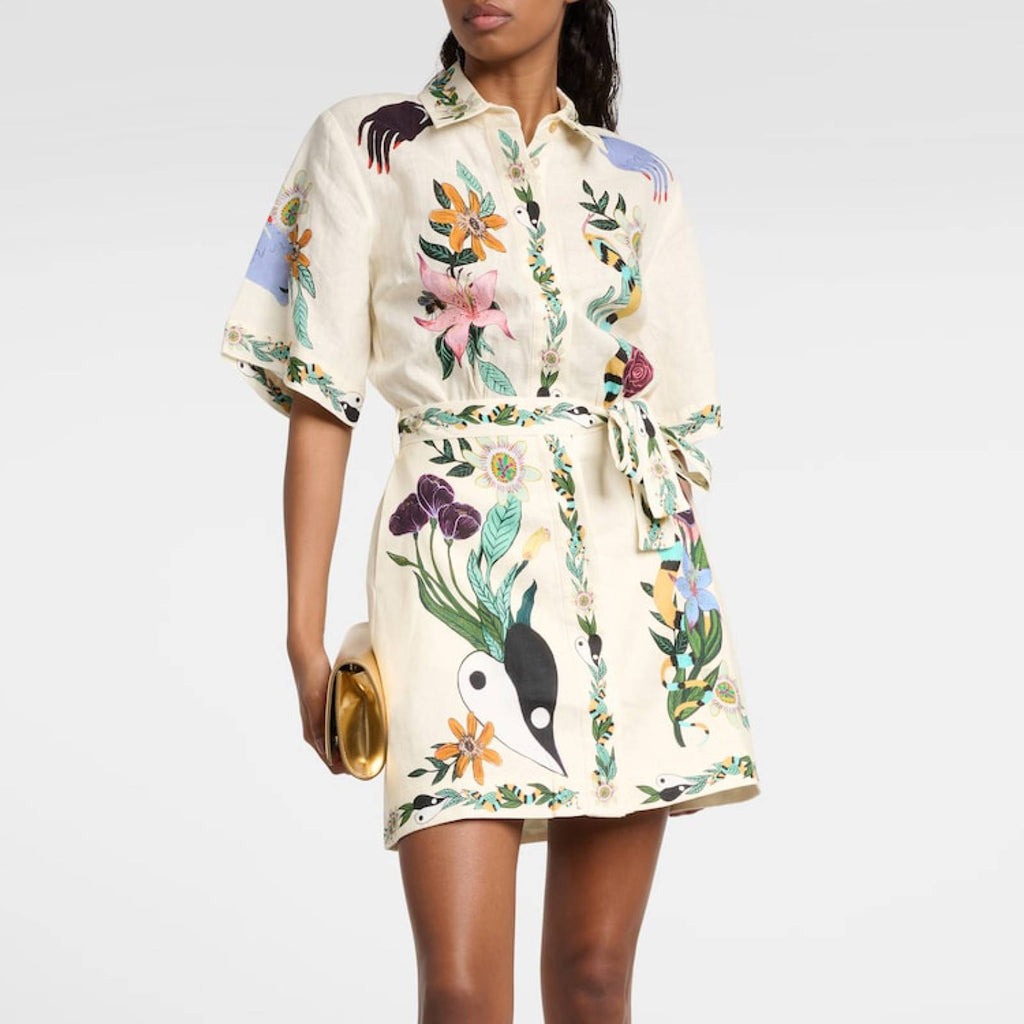 Lace Up Printed Short Slevees Mini Dress