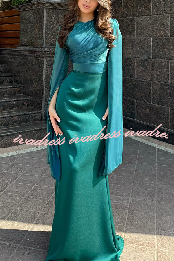 Liora Ruched Organza and Satin Patchwork Design Long Bell Slit Sleeve Maxi Dress