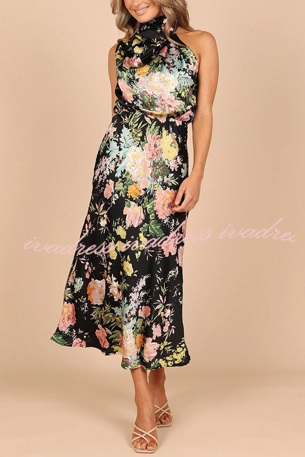 Wine Country Dates Floral Halter Neck Elastic Waist Maxi Dress