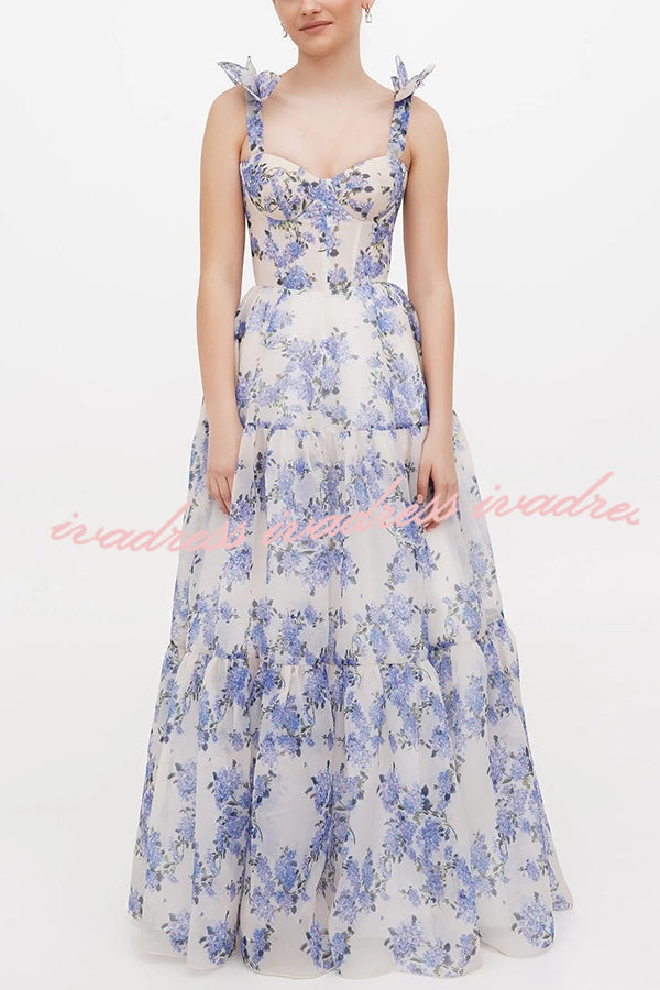 Fairytale Itself Organza Floral Print Tie Strap Maxi Dress