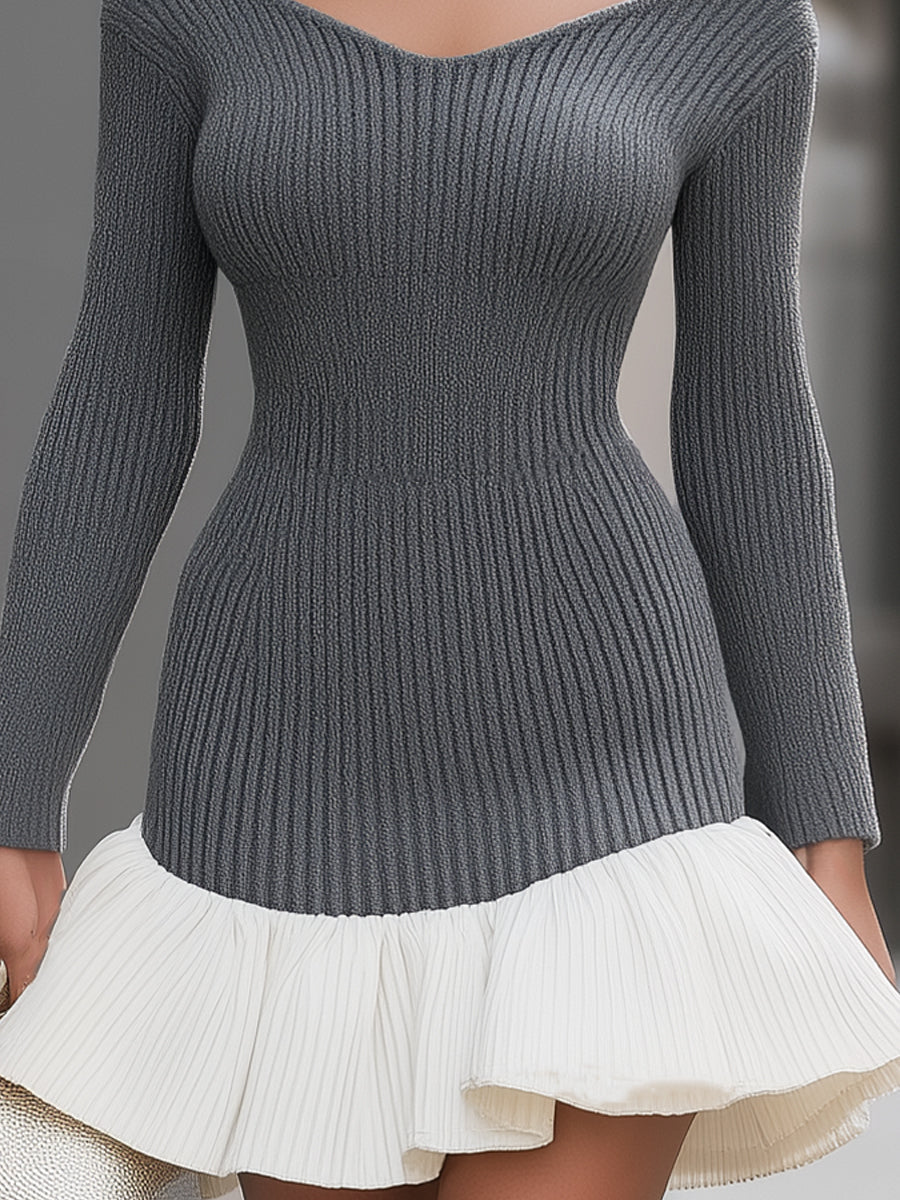 Contrast Ruffle Off-Shoulder Ribbed Knit Mini Dress