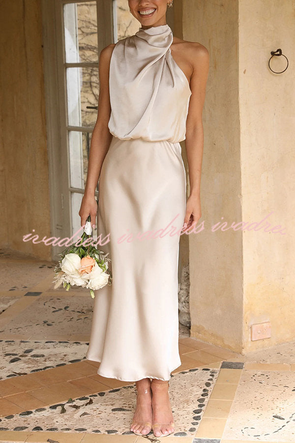 Perfectly Yours High Neck Elastic Waist  Satin Drape Maxi Dress