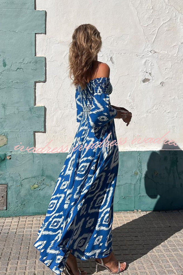 Close To The Vacation Ethnic Print Smocked Off Shoulder Pocketed Maxi Dress