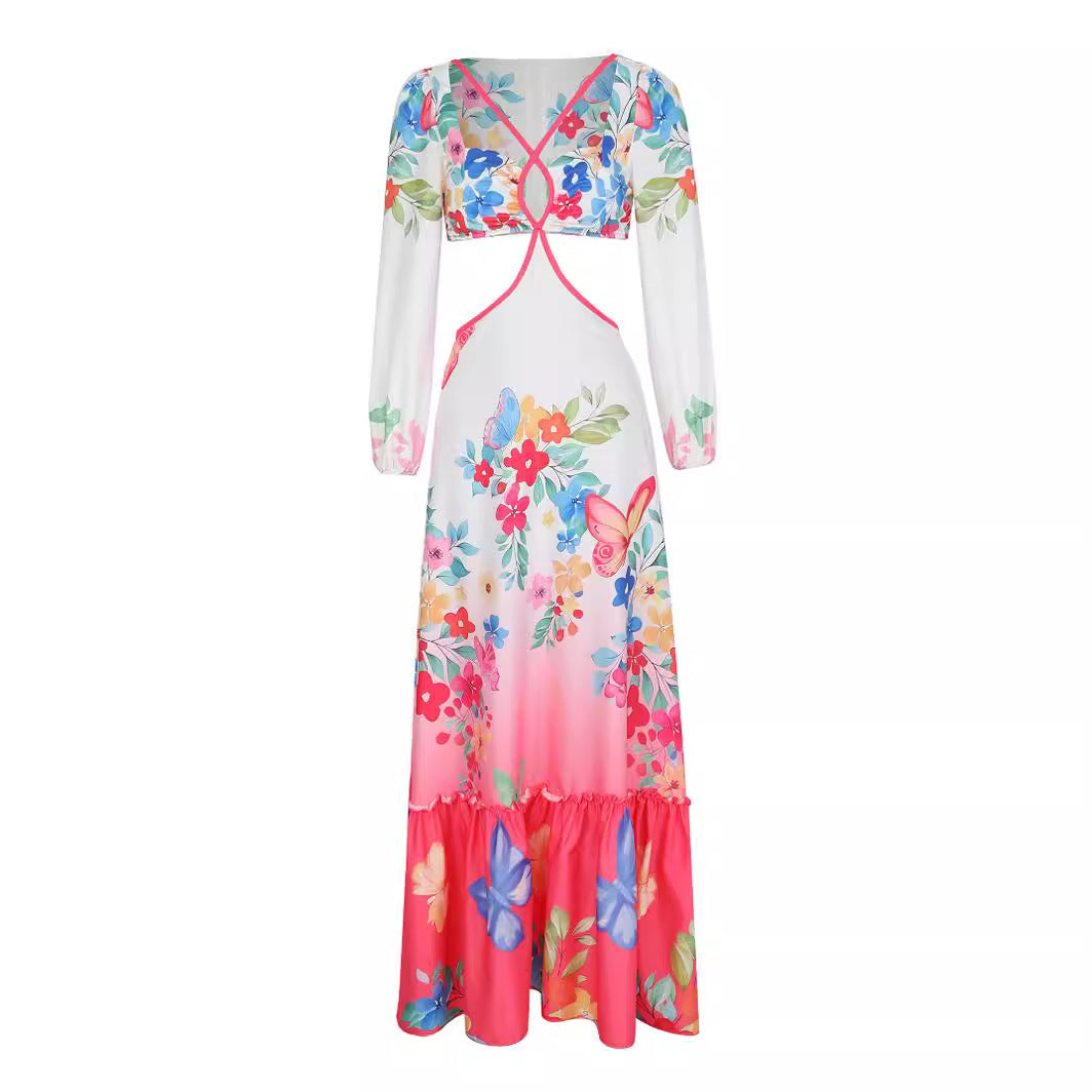 Blossom Printed V Neck Puff sleeve Cut Out Maxi Dress