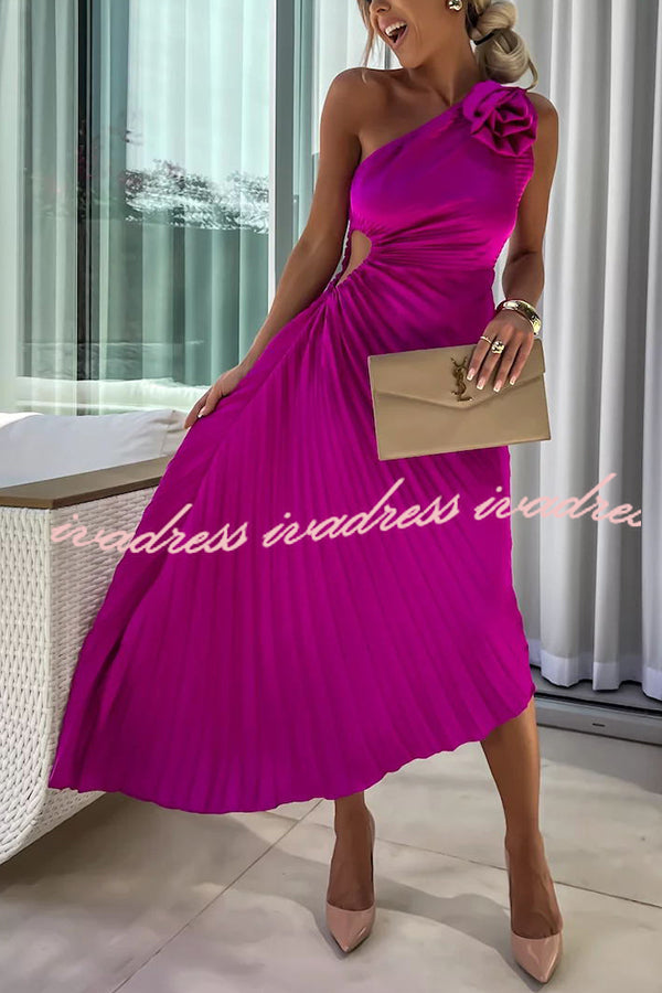 Romantic Nights Satin Raised Flower Elastic Cutout One Shoulder Pleated Maxi Dress