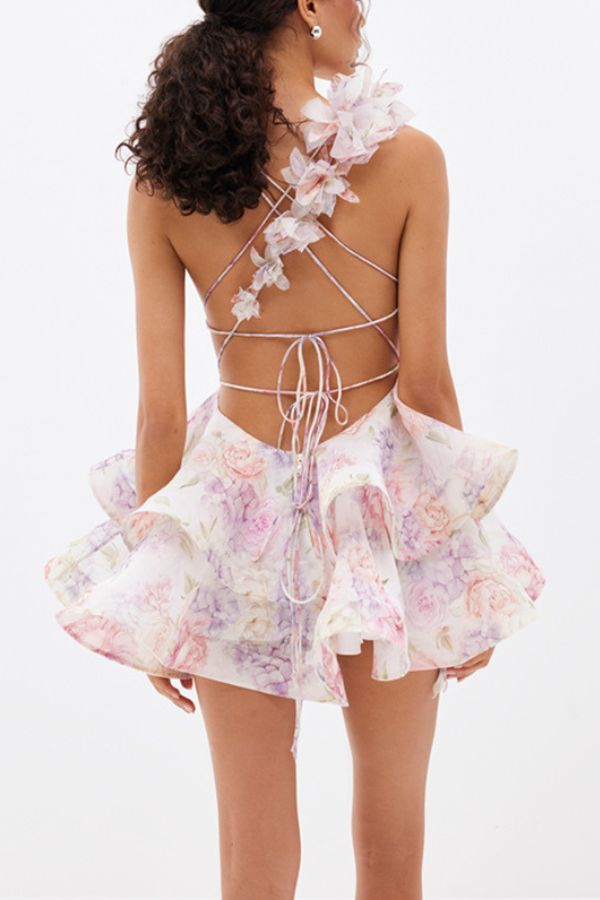 Floral Print V-neck Halter Back Tie Double Layer Mini Dress