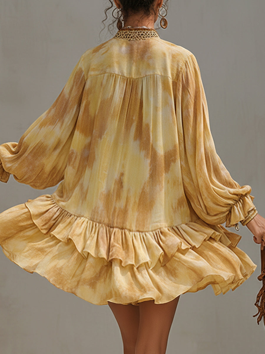 Yellow Tie Dye Embroidered Loose Long Sleeve Mini Dress