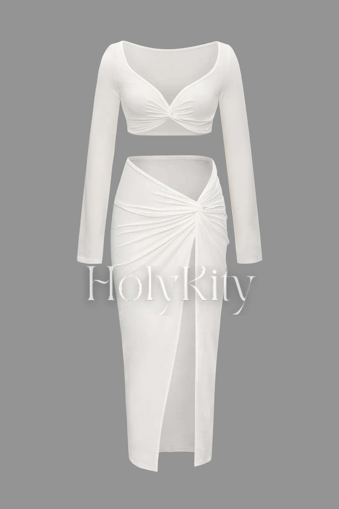 Twisted Long Sleeve Crop Top And Split Skirt Set