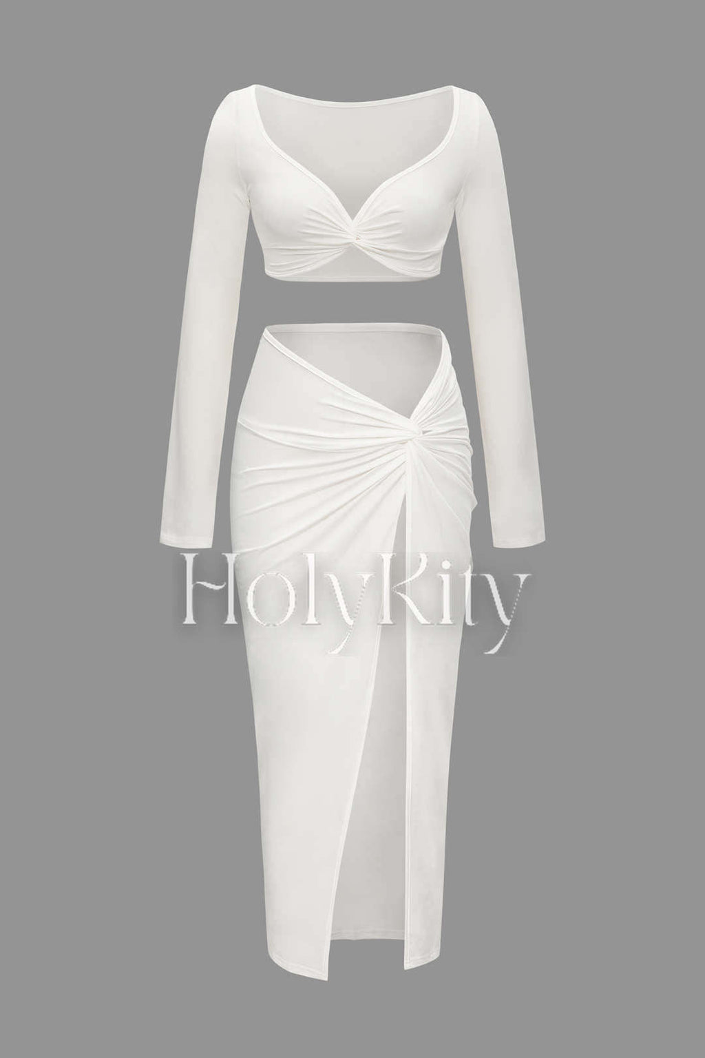 Twisted Long Sleeve Crop Top And Split Skirt Set