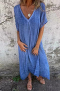 V Neck Loose Fit Cotton Linen Midi Dress