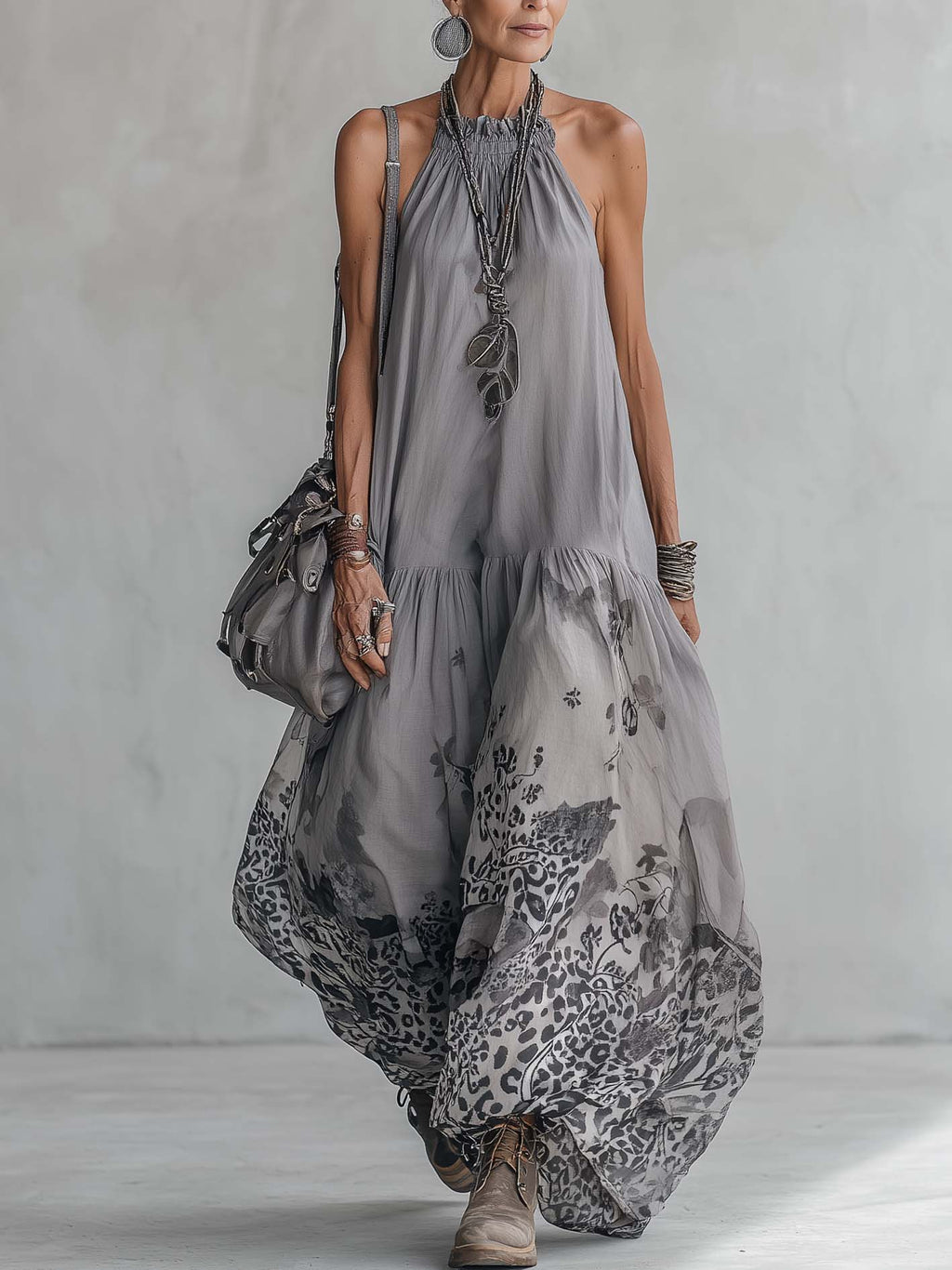 Gray Cotton Linen Leopard Patchwork Chiffon Maxi Dress