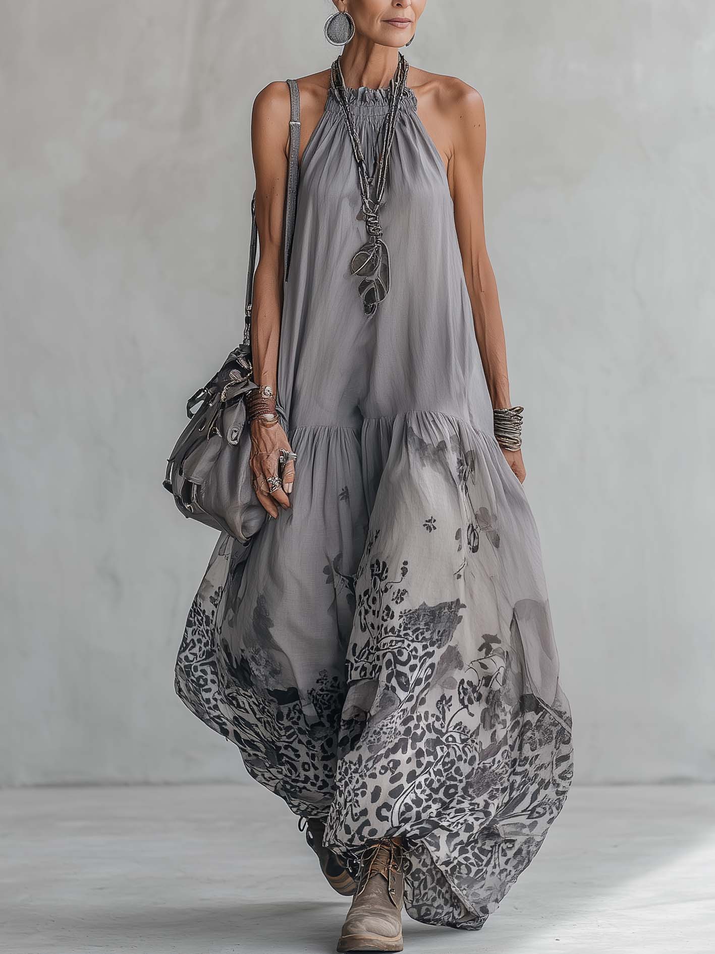 Gray Cotton Linen Leopard Patchwork Chiffon Maxi Dress