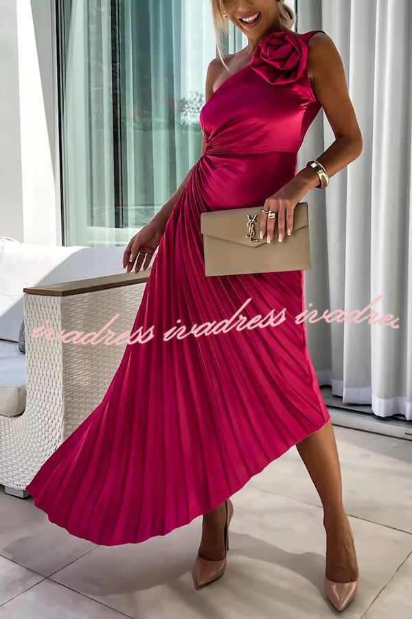 Romantic Nights Satin Raised Flower Elastic Cutout One Shoulder Pleated Maxi Dress