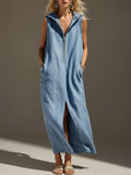Retro-style Sleeveless Hooded Split Blue Cotton Linen Maxi Dress