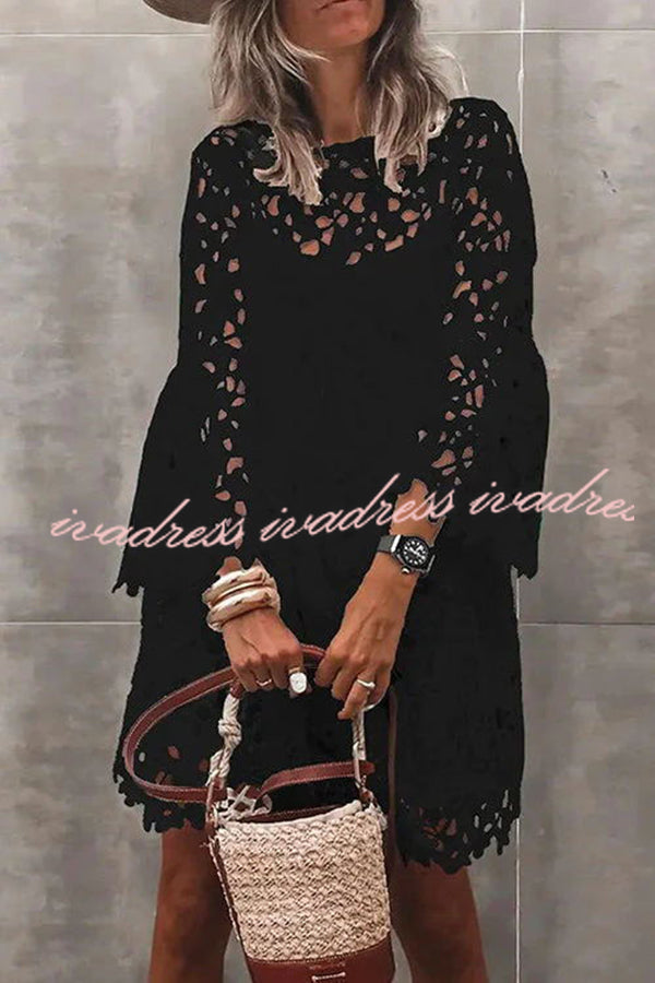 Pretty Presence Floral Crochet Lace Bell Sleeve Mini Dress