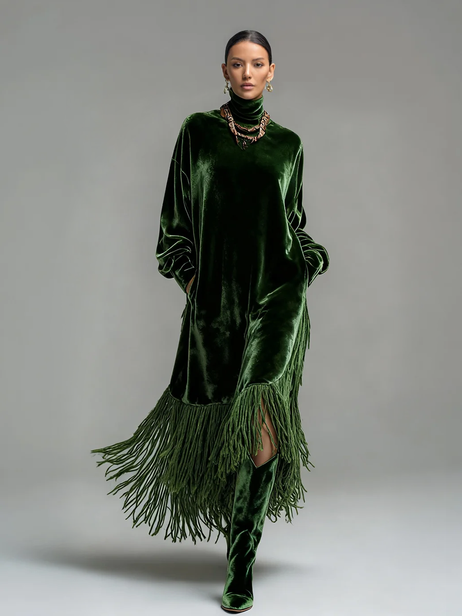 sheenchic Semi Formal Emerald Green High Collar Long Sleeve Strappy Elegant Pocket Velvet Maxi Dresses