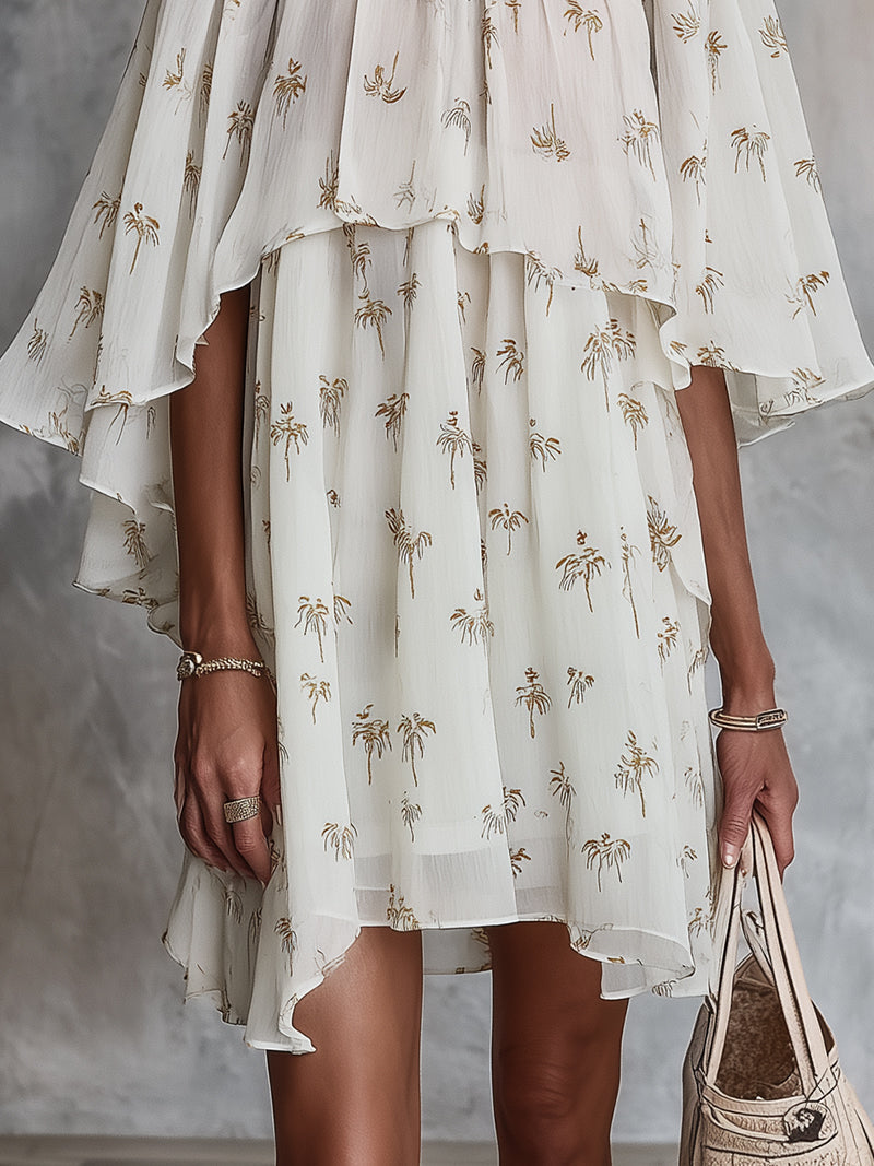 White Palm Print Chiffon Mini Dress With Cape Collar