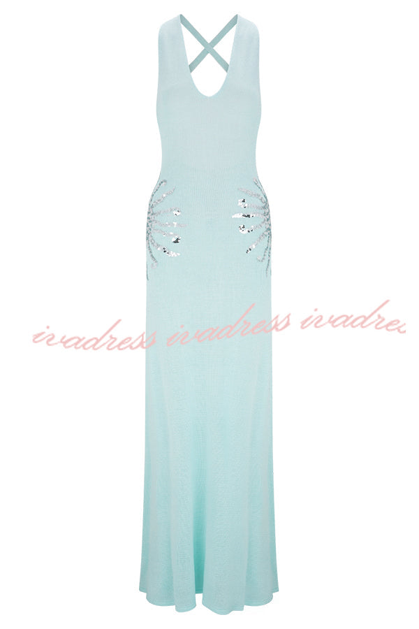 Sparkling Nights Knit Sunburst Sequin Detail Back Cross Straps Stretch Maxi Dress