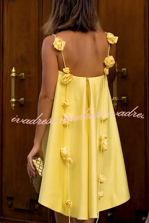 Playful and Flattering Silhouette 3D Rose Drape Straps A-line Mini Dress