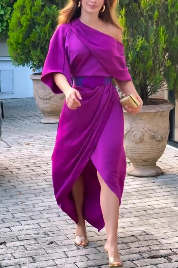 Whispered Yes Satin Irregular Lapel Neckline Design Ruched Maxi Dress