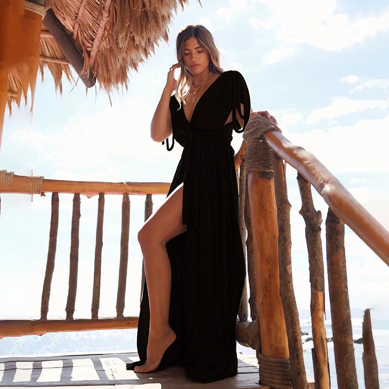 Off Shoulder Halter Maxi Dress(With Belt)