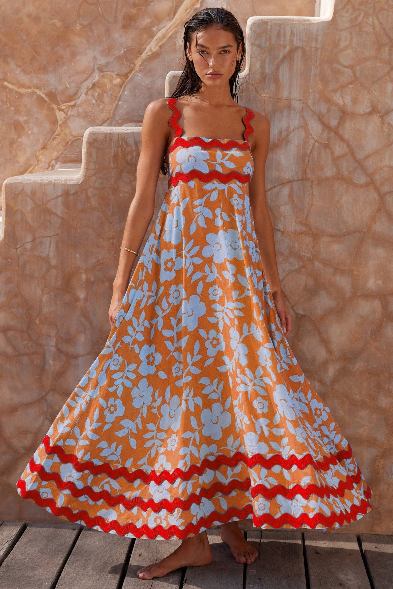 Floral Printed Wave Bandeau Fashion Maxi Dress