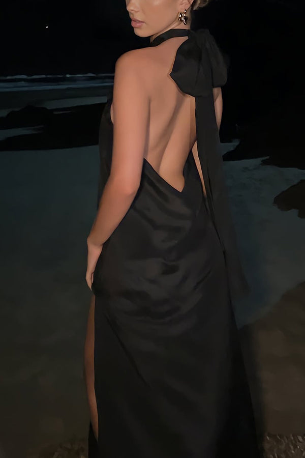 Floral Embellished Satin Halterneck Backless Resort Maxi Dress