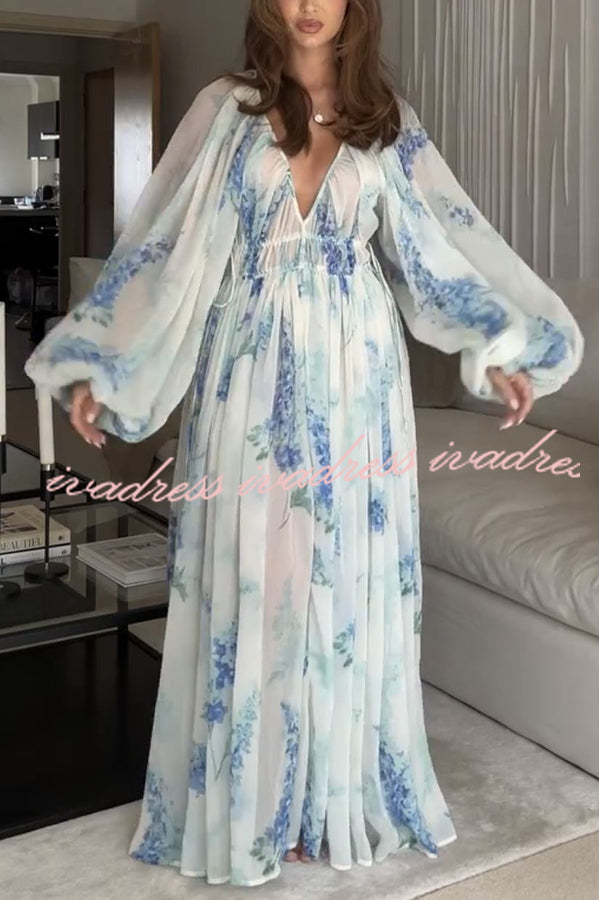 Headed To The Ocean Chiffon Floral Drawstring Waist Maxi Dresses