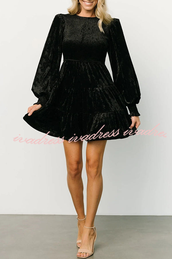 Kele Velvet Balloon Sleeve Patchwork Smocked Crew Neck Mini Dress