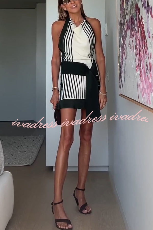 Summer Event⁠ Striped Beads Cowl Neck Backless Tie-up Mini Dress