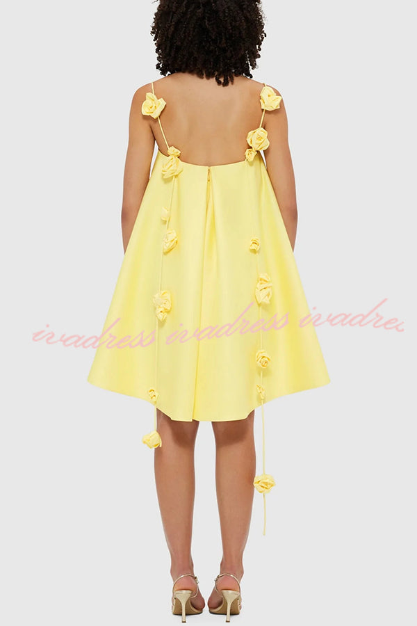 Playful and Flattering Silhouette 3D Rose Drape Straps A-line Mini Dress