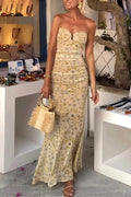 Santorini Sunset Delicate Floral Print Strapless Chiffon Maxi Dress