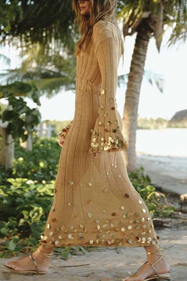Stylish V-neck Flared Long-sleeved Knit Sequined Maxi Dress