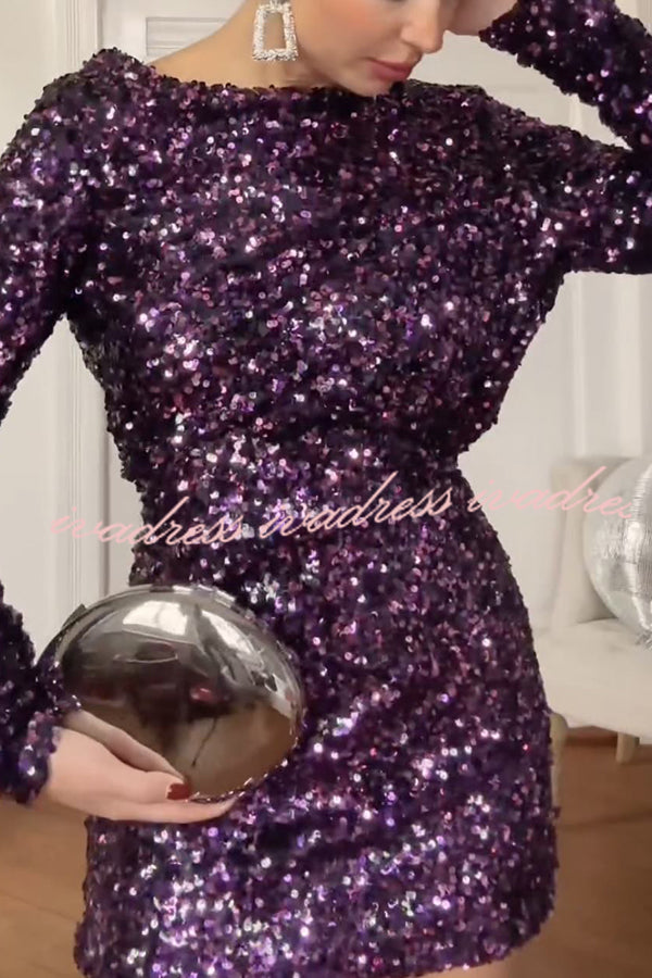 Call Me Beauty Sequin Back Cowl Neck Draped Long Sleeve Mini Dress