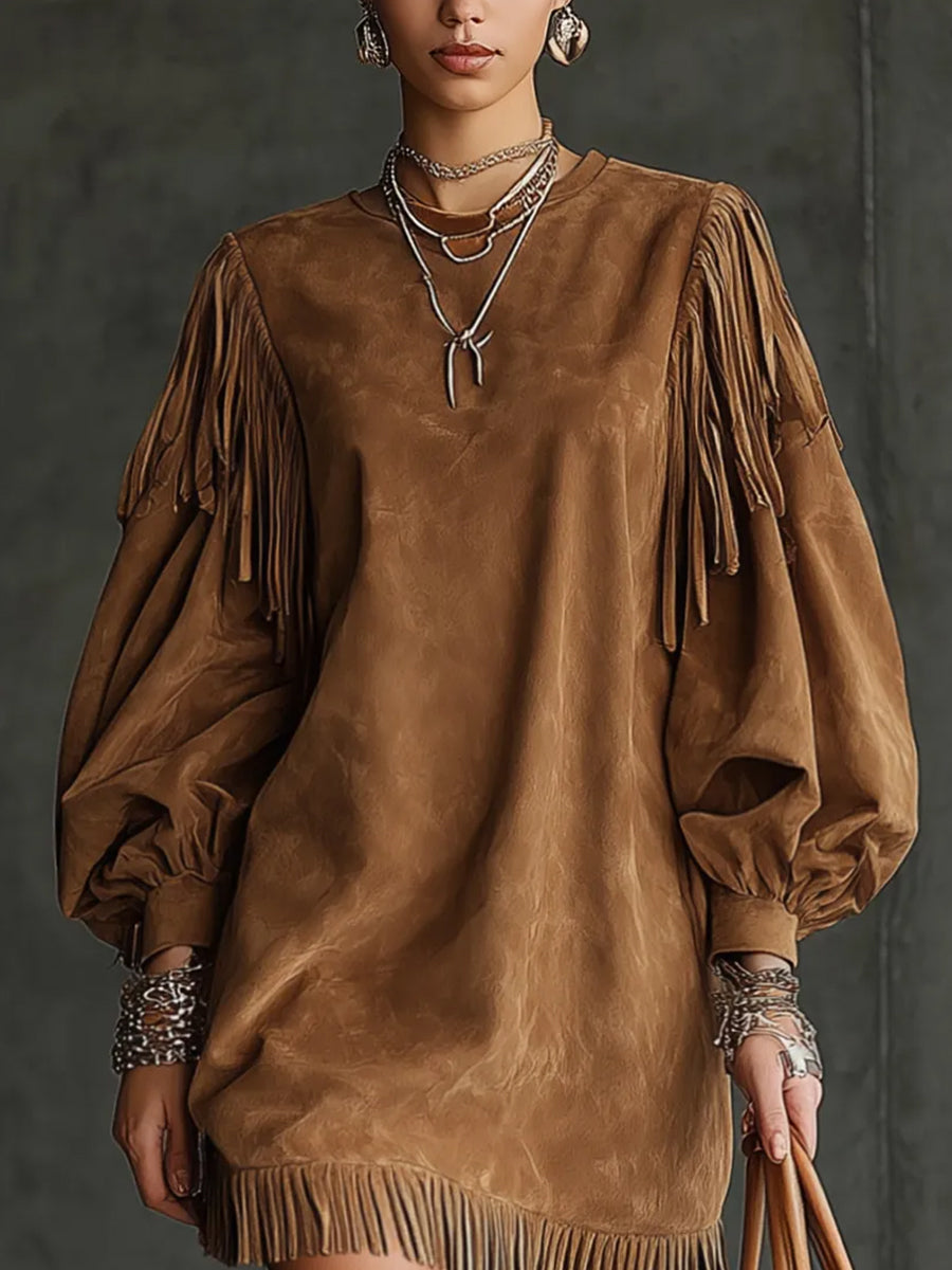 Daily Brown Round Neck Puff Sleeve Long Sleeve Strappy Western Contrast Chamois Mini Dresses