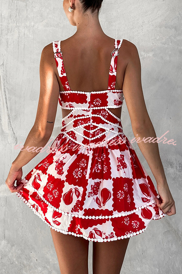 Holiday Colors Ric Rac Trims Unique Print Cutout Round Neck Mini Dress