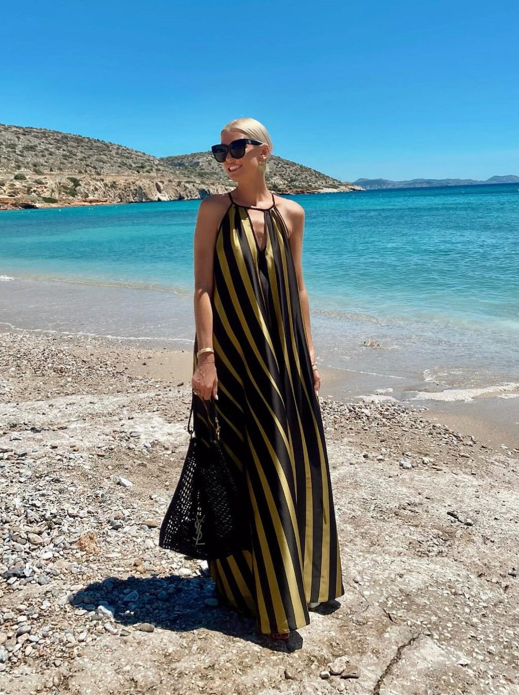 Halter Striped Print Maxi Dress