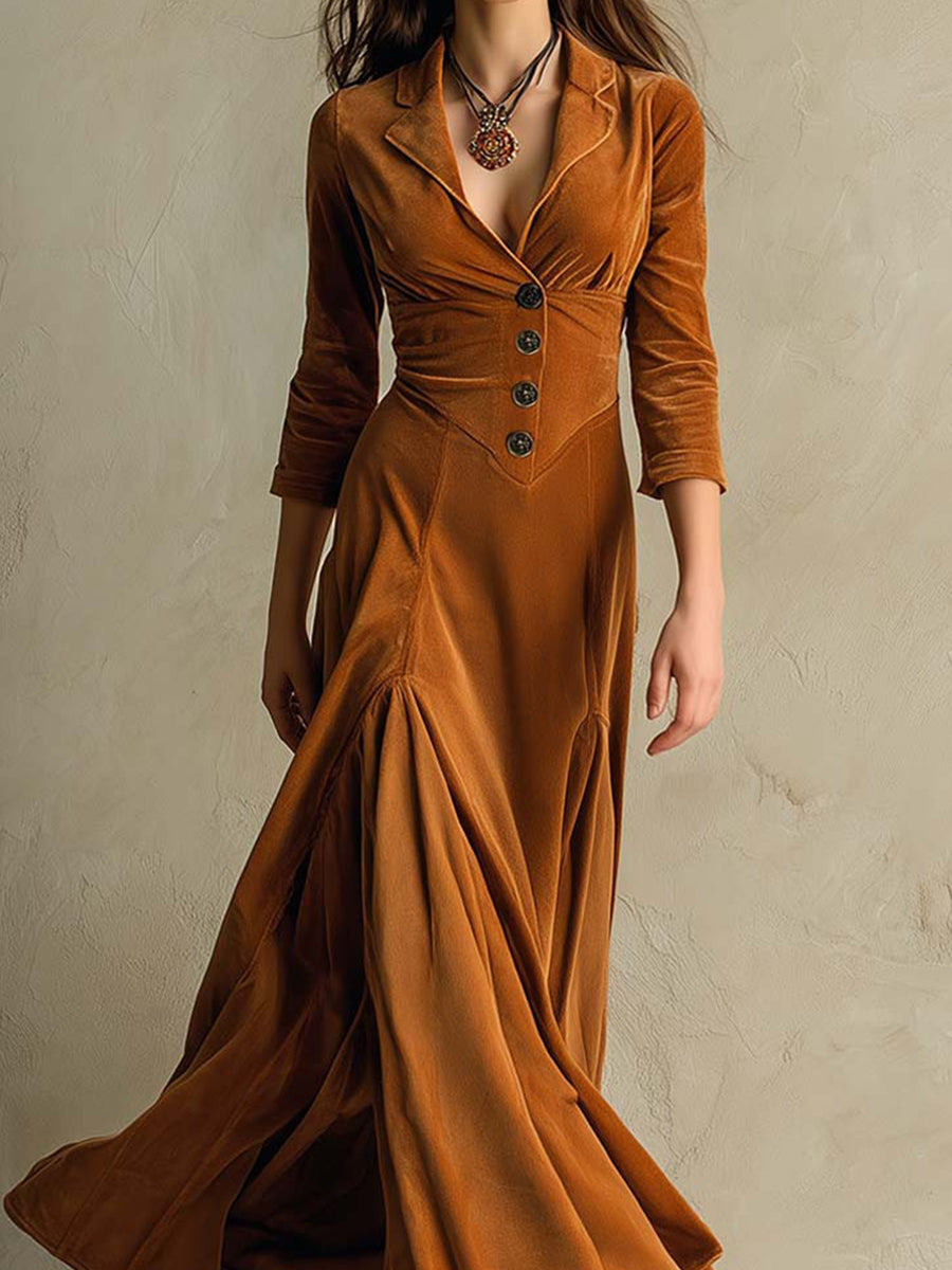 Daily Brown Turndown Collar Long Sleeve Button Casual Velvet Maxi Dresses