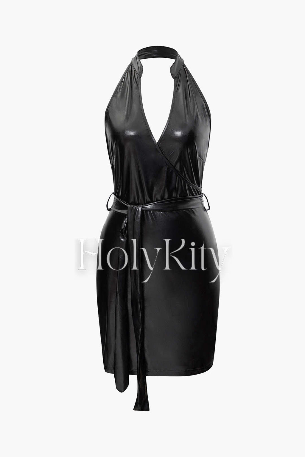 Faux Leather Backless V-neck Wrap Mini Dress