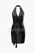 Faux Leather Backless V-neck Wrap Mini Dress