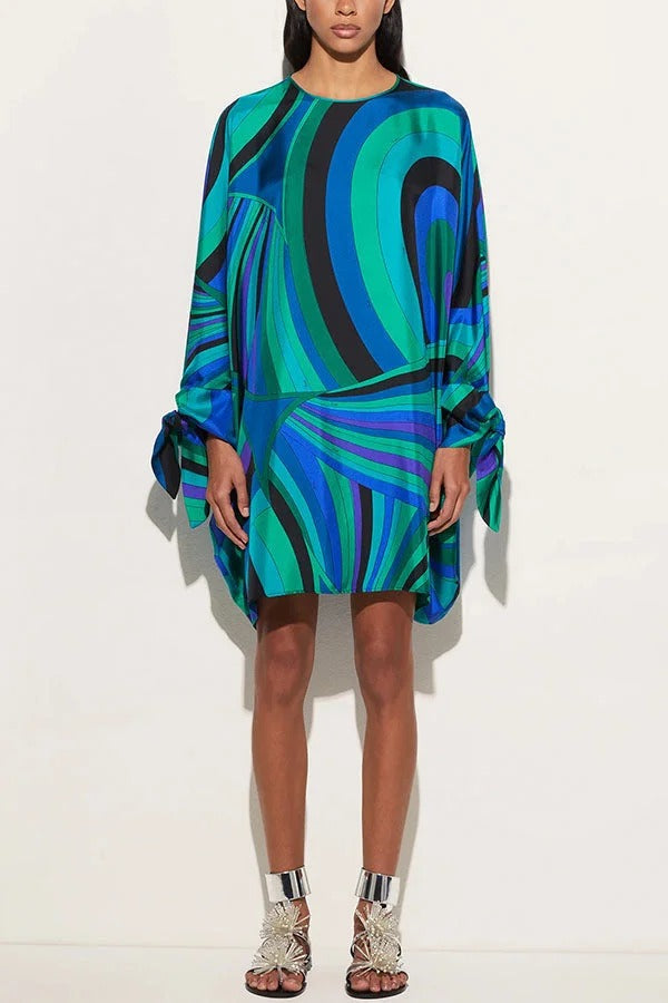 Micah Satin Unique Print Slit Tie-up Sleeve Shift Kaftan Mini Dress