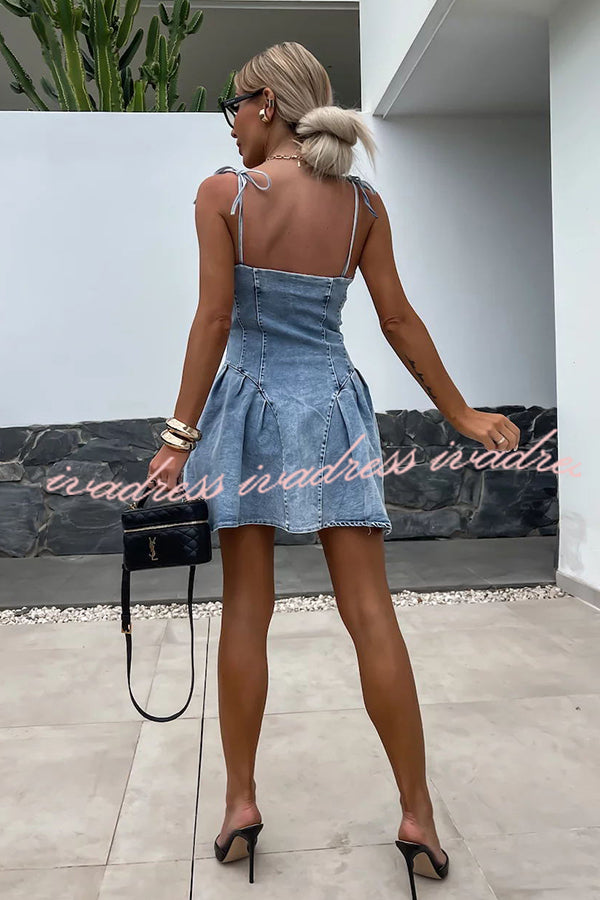 Sweet and Unique Washed Denim Center Front Zipper Stretch Mini Dress