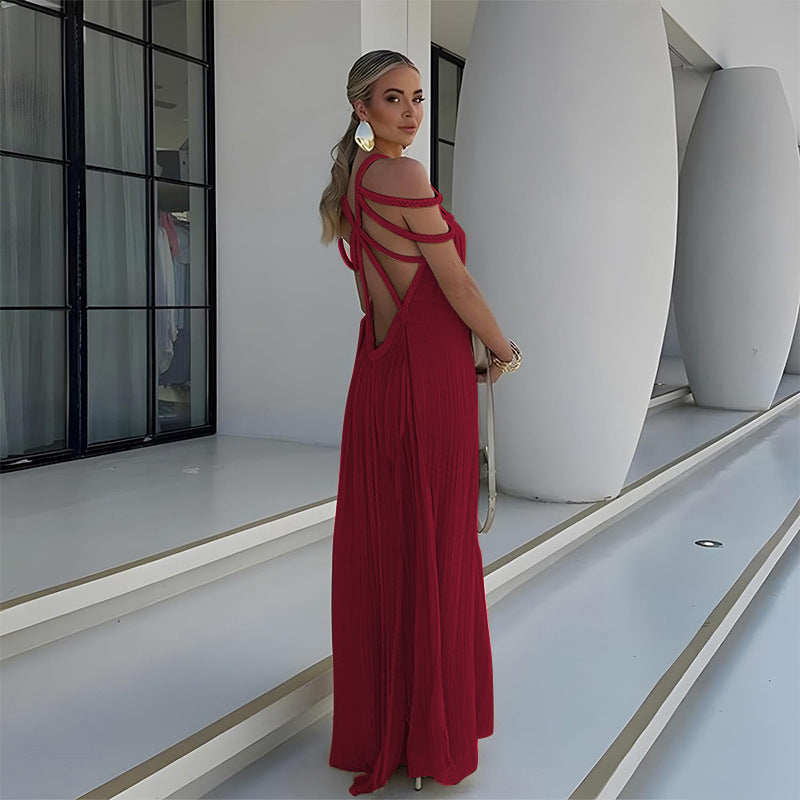 Off Shoulder Halter Maxi Dress(With Belt)