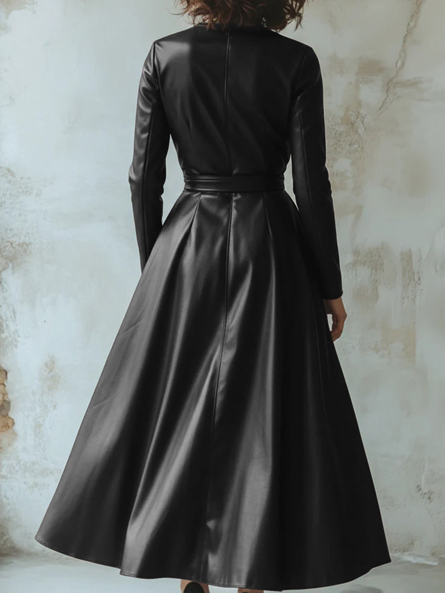 Daily Black V Neck Long Sleeve Lace Up Casual PU Leather Maxi Dresses