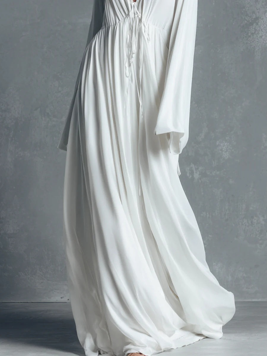 sheenchic Daily White V Neck Long Sleeve Pocket Casual Maxi Dresses [Pre-Order]