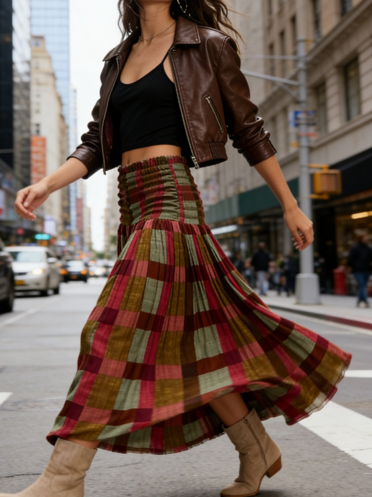 Retro Plaid Pleated Maxi Skirt