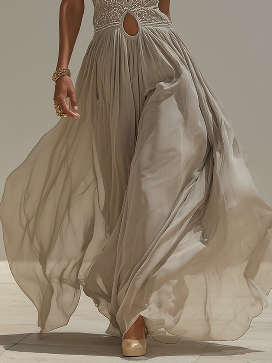 Gray Sheer Chiffon Cutout Embroidered Maxi Dress