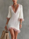 White Open-Knit Mini Dress With Pink Ruffled Mesh Trim