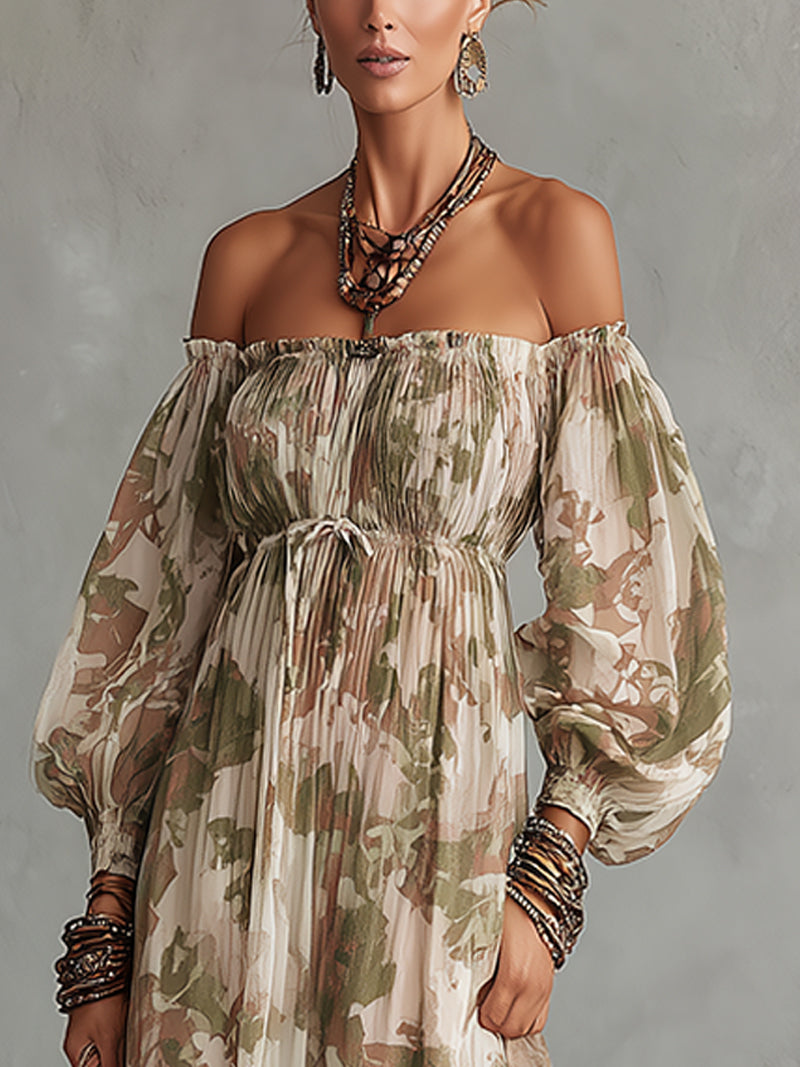 Camouflage Print Off-Shoulder Chiffon Maxi Dress With Lace Hem