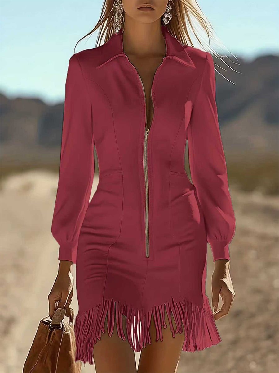 Daily White Turndown Collar Long Sleeve Strappy Western Zipper Mini Dresses